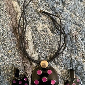90s Vintage Black and Pink Pendant Necklace and Earrings Set